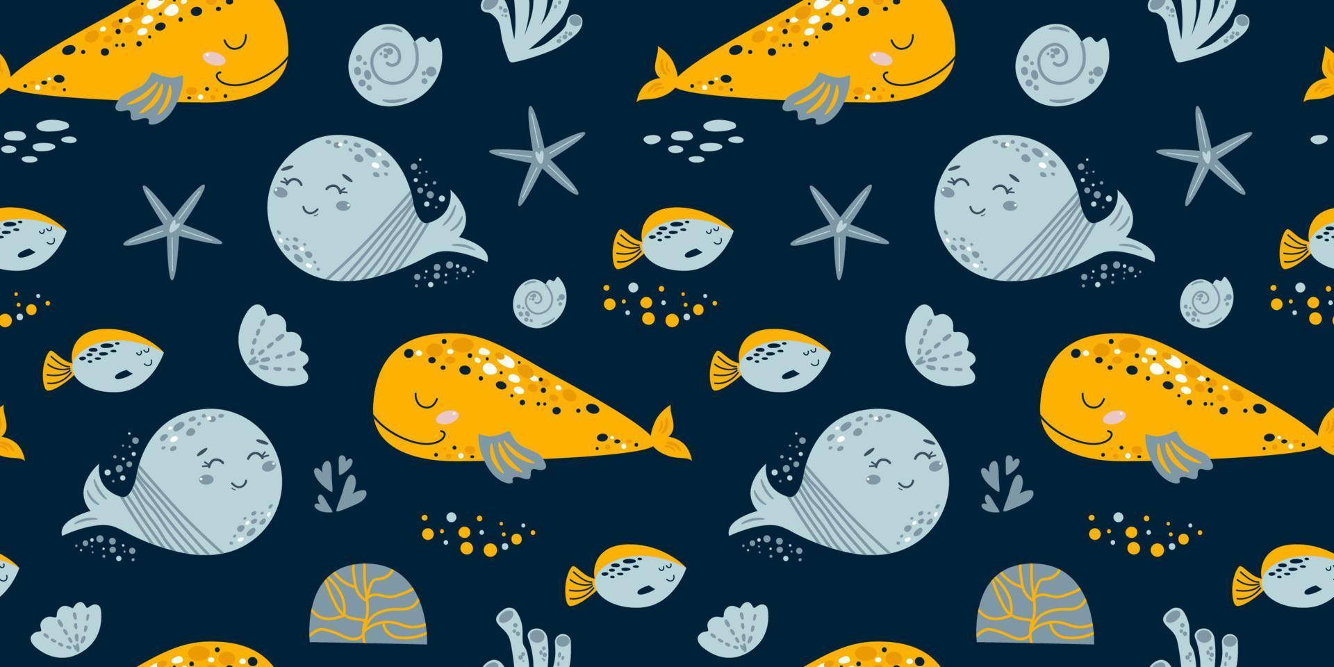 Baby sea seamless pattern. Kids sea pattern. Cute whales, fish on dark blue background. Boy nautical childish ocean texture for fabric, textile, apparel. Nautical underwater life vector illustration.