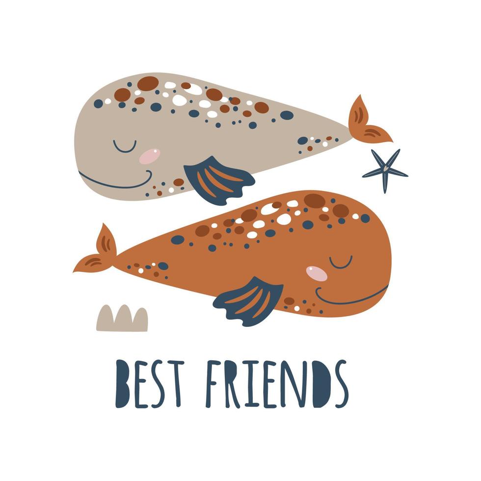 Best Friends poster with two cute whales. Friendship day card. Inspirational quote design. Cute sea animals isolated on white. Drawing for baby prints on tshirt, bag, cloth. Vector illustration