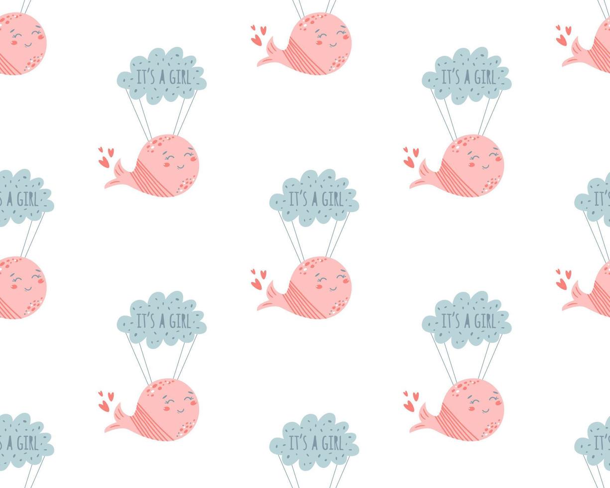 rosado ballena modelo. rosado bebé niña sin costura modelo. ballenas en nube linda antecedentes. bebé ducha invitación diseño. gracioso ballenas rosado femenino fondo de pantalla, tela, superficie texturas vector ilustración.