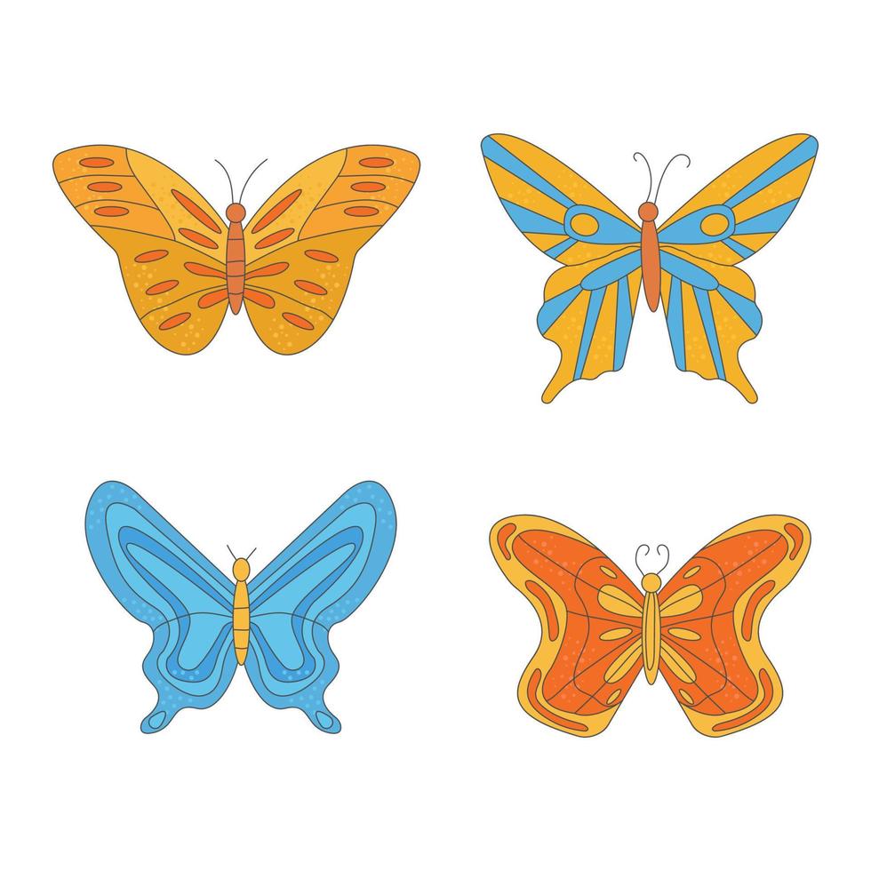Groovy  set of hippie bright butterflies  in  60s 70s flat style. vector