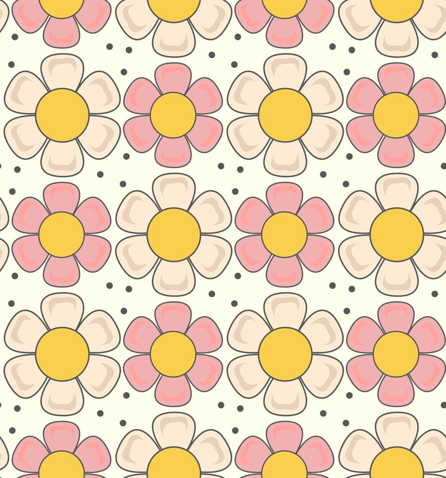 Retro  pattern with  daisy flower in trendy  60s 70s flat style. vector