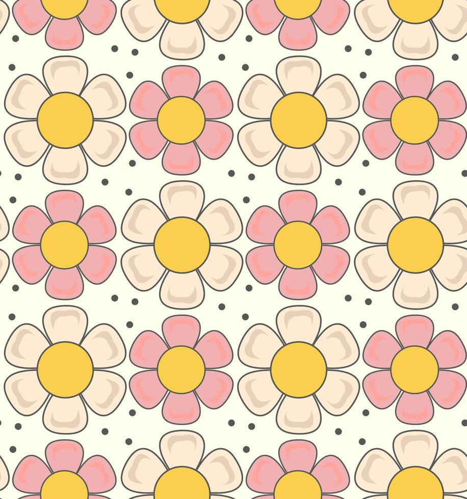 Retro  pattern with  daisy flower in trendy  60s 70s flat style. vector