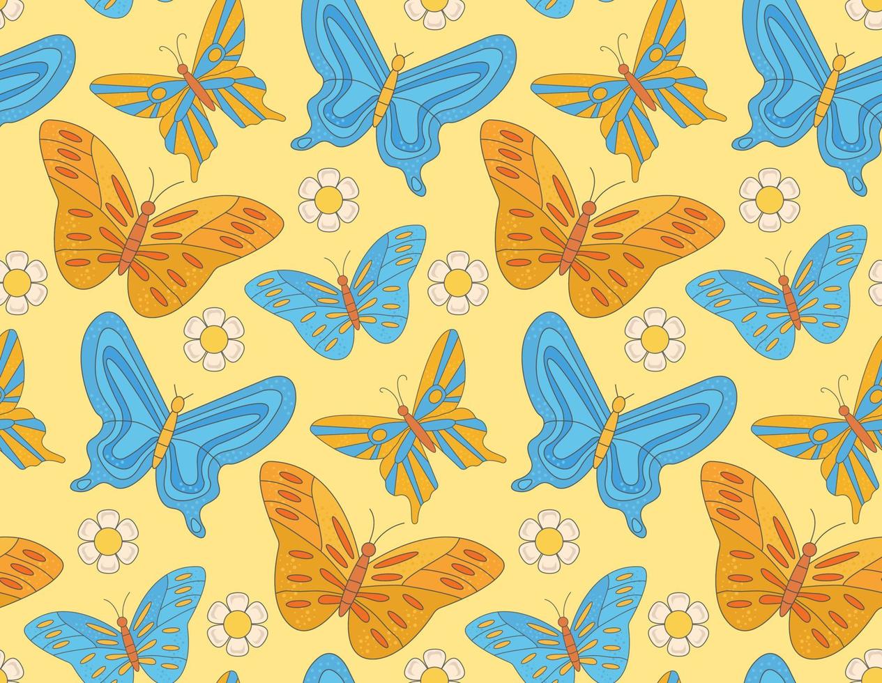 Groovy  pattern with hippie bright butterflies and daisy flower on yellow background  in  60s 70s flat style. vector