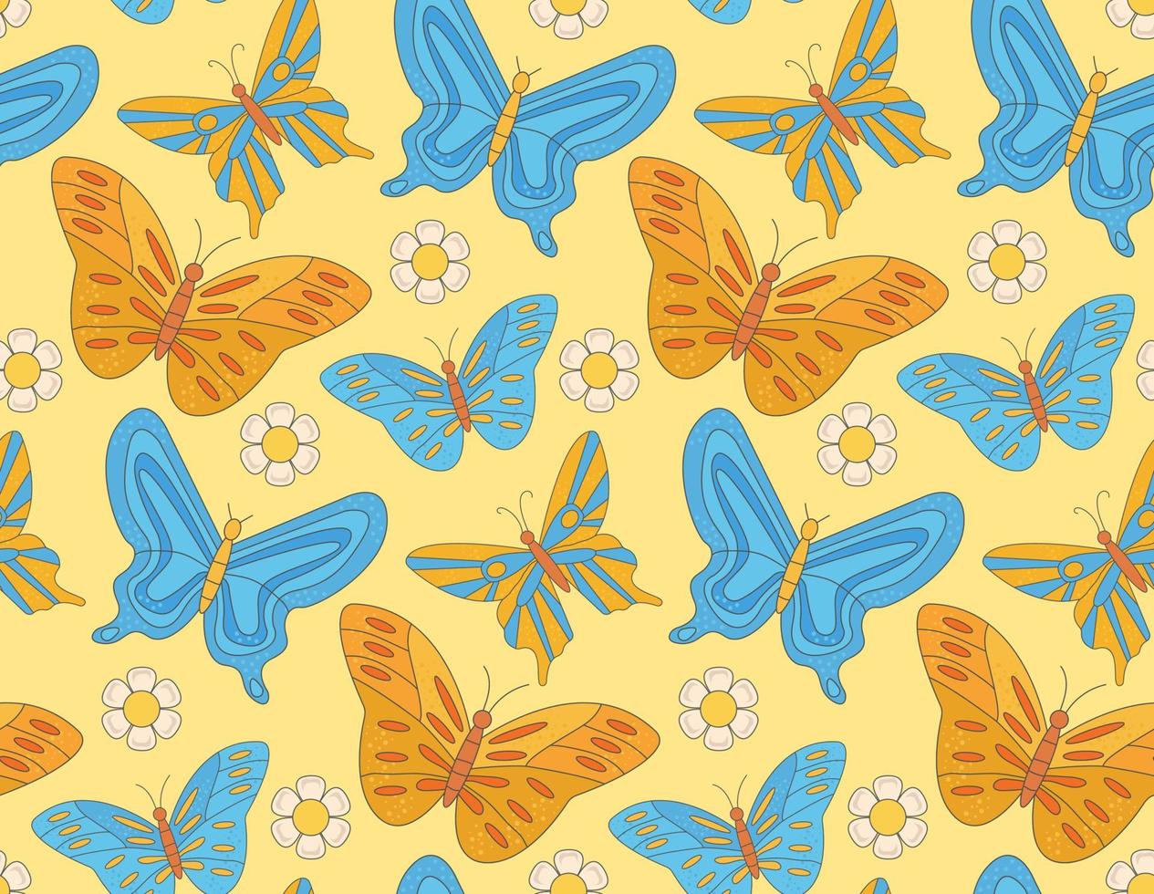 maravilloso modelo con hippie brillante mariposas y margarita flor en amarillo antecedentes en 60s 70s plano estilo. vector