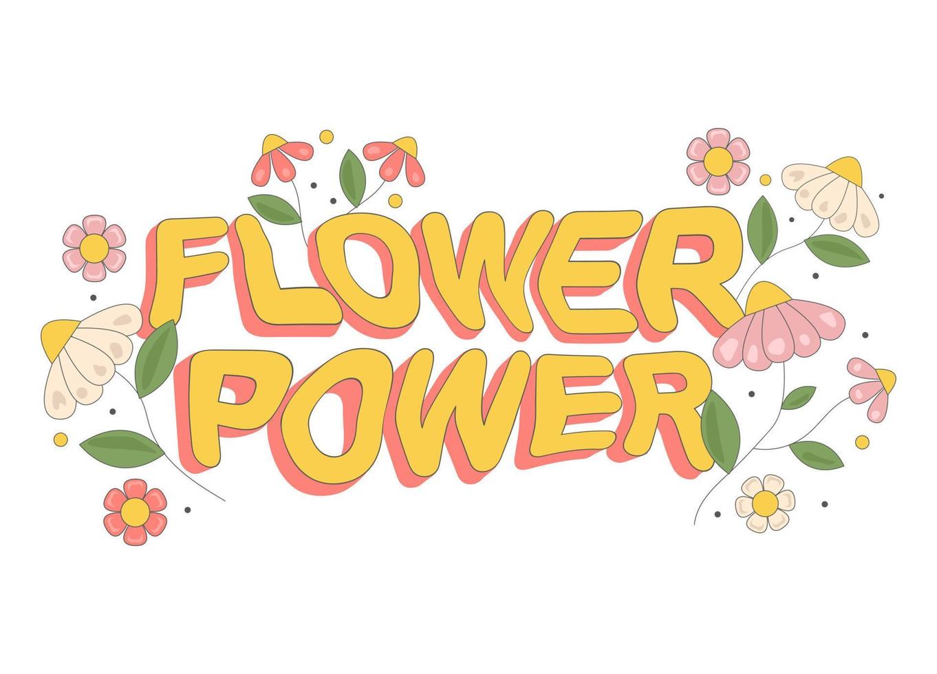 Groovy  Retro Text Flower Power with  hippie  daisy flower in trendy  60s 70s flat style. vector