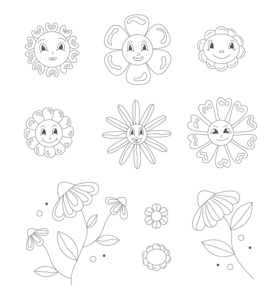 Groovy set of  hippie line daisy flowers with different emotions in  60s 70s flat style. vector