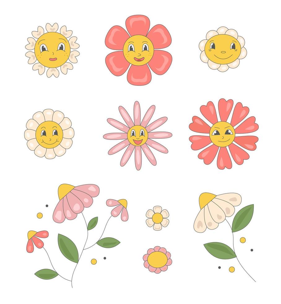 Groovy set of retro hippie daisy flowers with different emotions in trendy  60s 70s flat style. vector
