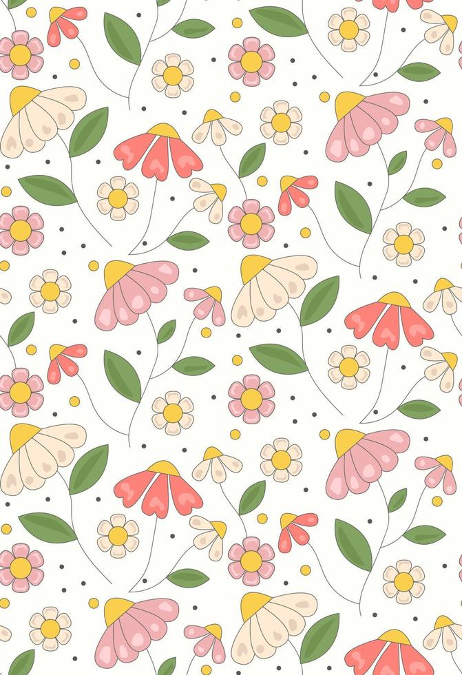 Groovy  retro  pattern with daisy flower in trendy  60s 70s flat style. vector