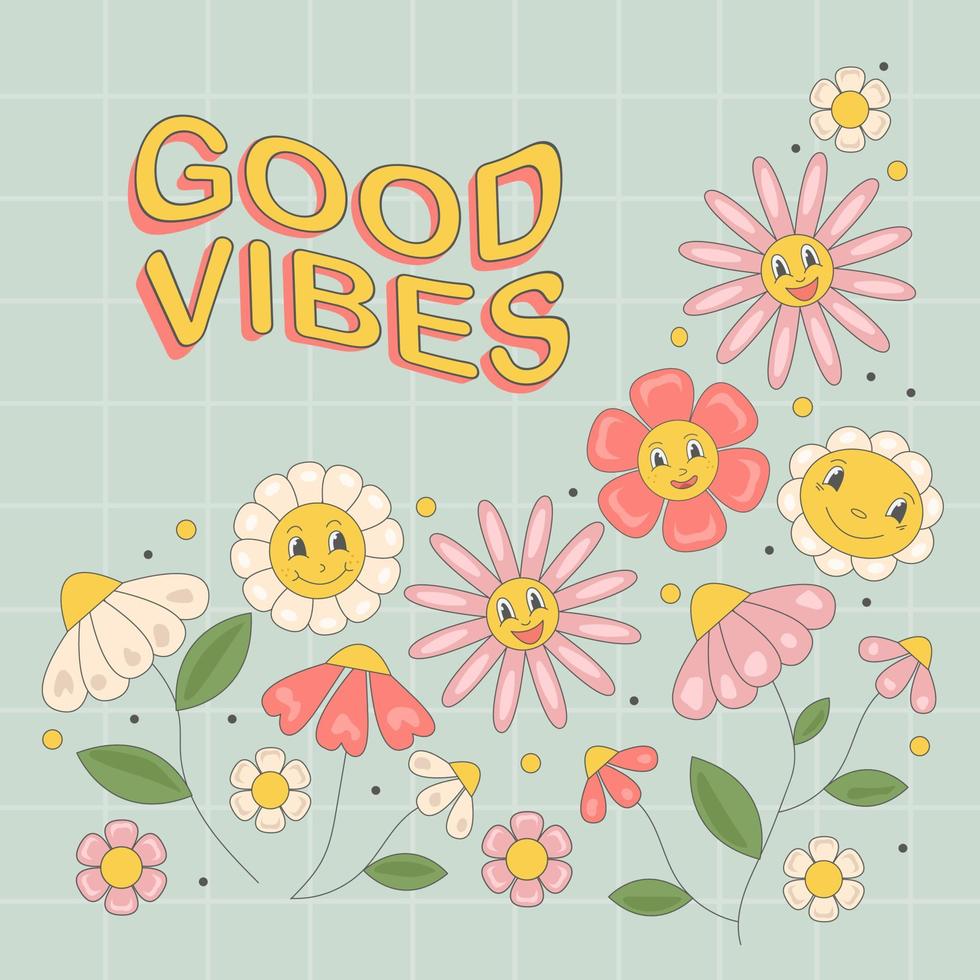 Groovy  retro  poster with hippie daisy flower and text good vibes in trendy  60s 70s flat style. vector