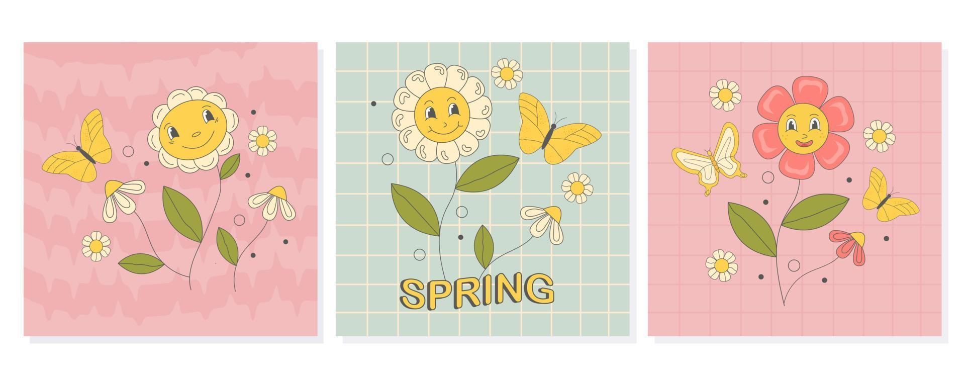 Groovy  set of posters with hippie flowers daisies and butterflies and text spring on retro background in  60s 70s flat style vector