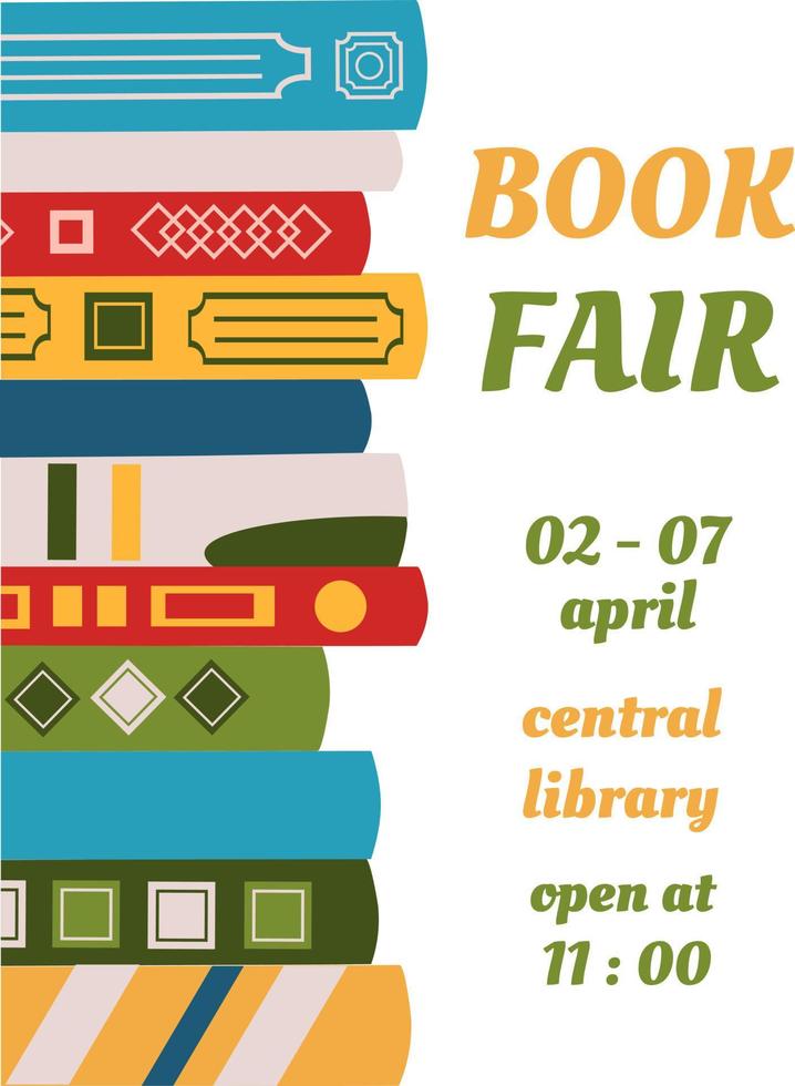 Book fair poster for advertising. Vertical poster for book fair with different books. Advertising template for bookstore,bookshop, library. vector