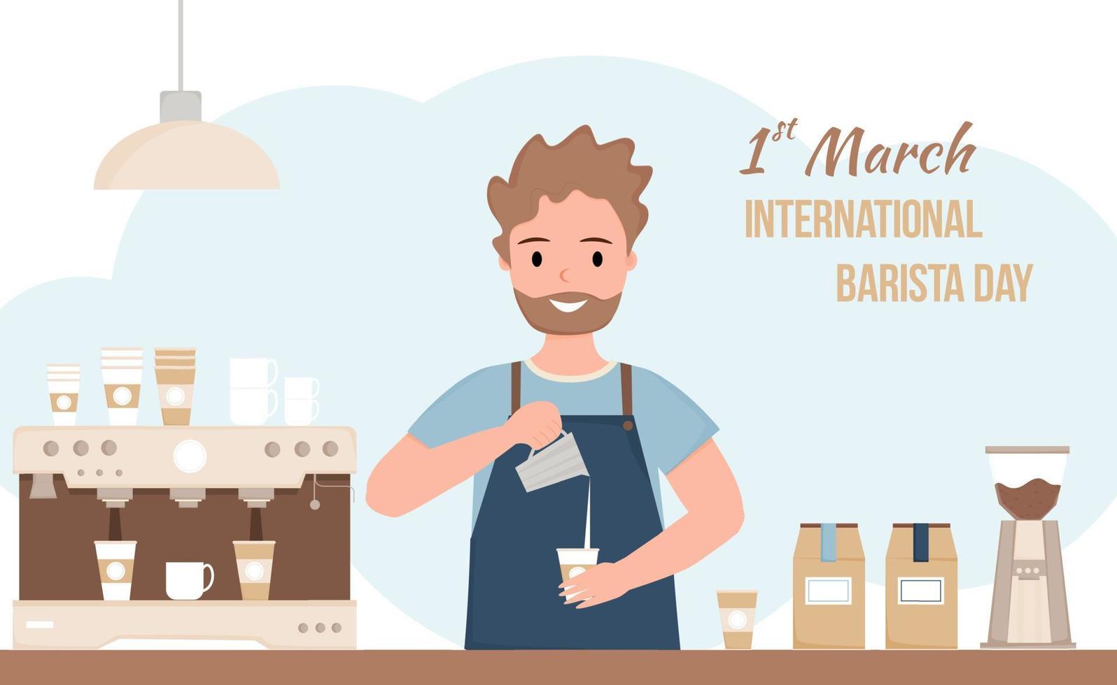 International barista day. Young man barista making coffee. Man standing behind counter and making hot drink. Coffee shop, bar concept. Coffee making equipment, utensils. Vector illustration.