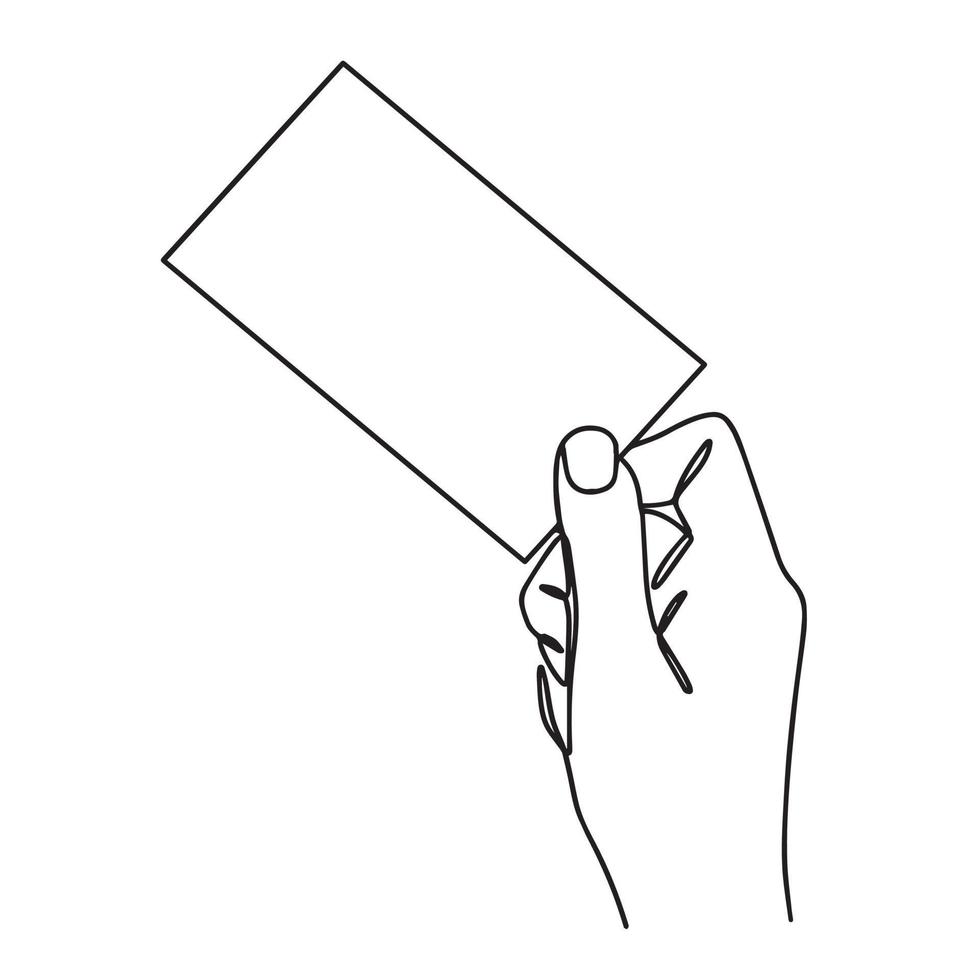 Vector illustration with a hand holding a credit or business card. Drawing with one line.