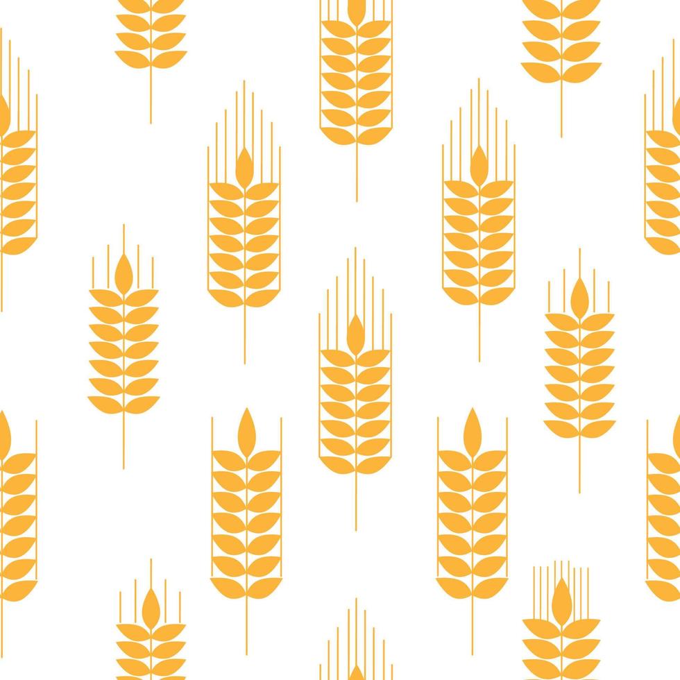 Seamless pattern of golden ripe wheat spikelets. Agricultural symbol, flour production. Vector silhouette of wheat. Illustration on a white background