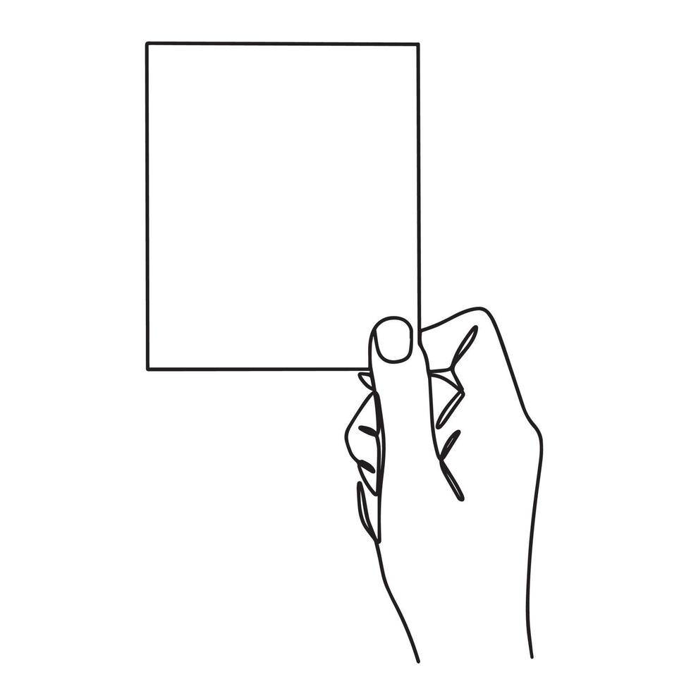 A hand is holding a blank sheet of paper continuous line drawing