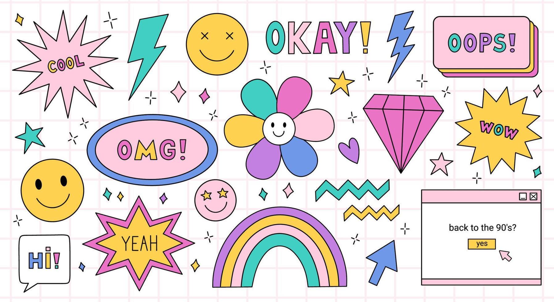 Set of trendy badges or stickers in the style of the 90s. Bright patches with smiling faces, lightnings, diamonds, stars and speech bubbles with the text Yeah, Oops, Cool, Wow. Nostalgia for the 1990s vector