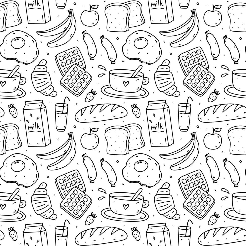 Cute seamless pattern with breakfast food - toasts, fried egg, sausages, coffee, croissants, waffles. Vector hand-drawn doodle illustration. Perfect for print, wrapping, wallpaper, various designs.