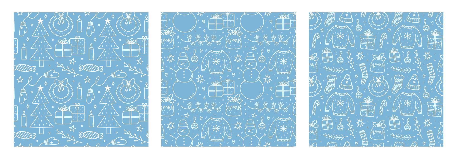 Set of cute xmas seamless patterns with doodles on blue background. Christmas trees, snowmen, gifts, garlands and other. Vector hand-drawn illustration. Perfect for wrapping paper, decorations, print.