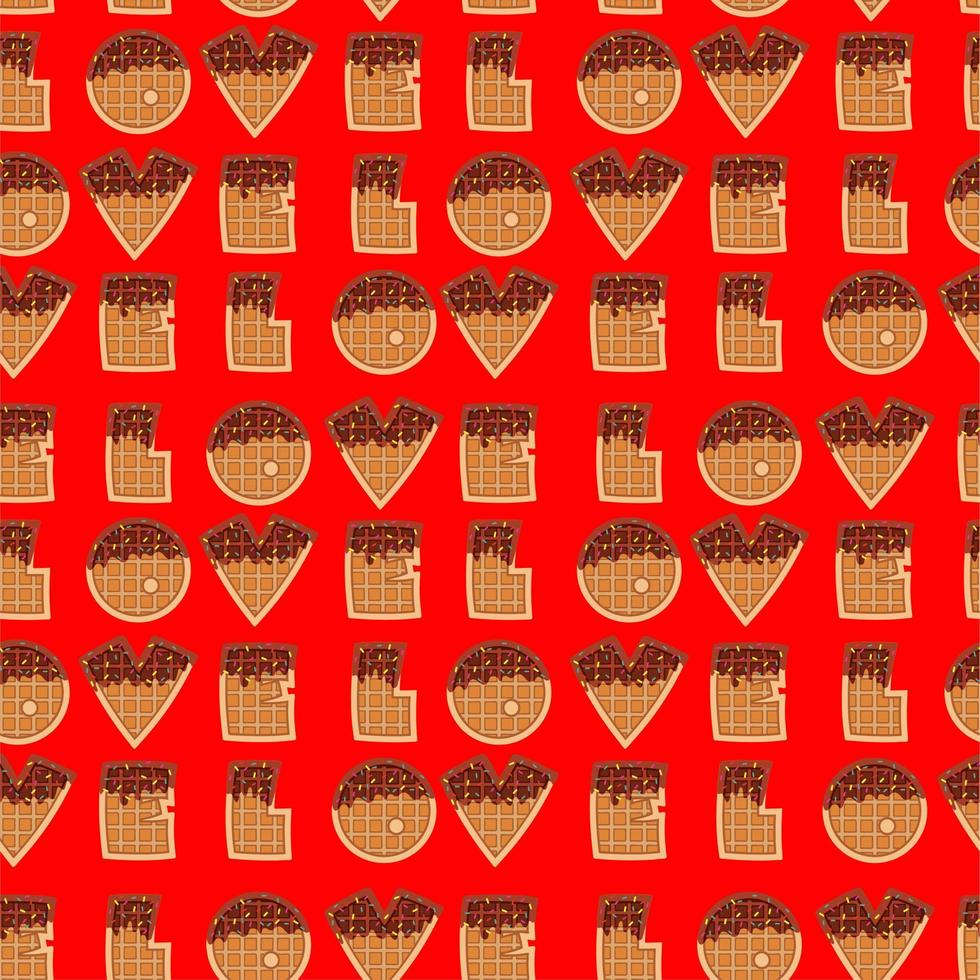 Sweet food and dessert food, vector illustration of golden brown homemade corn dog or hot dog waffles in various flavors decorations and dark chocolate on red seamless background. Love. Valentines day