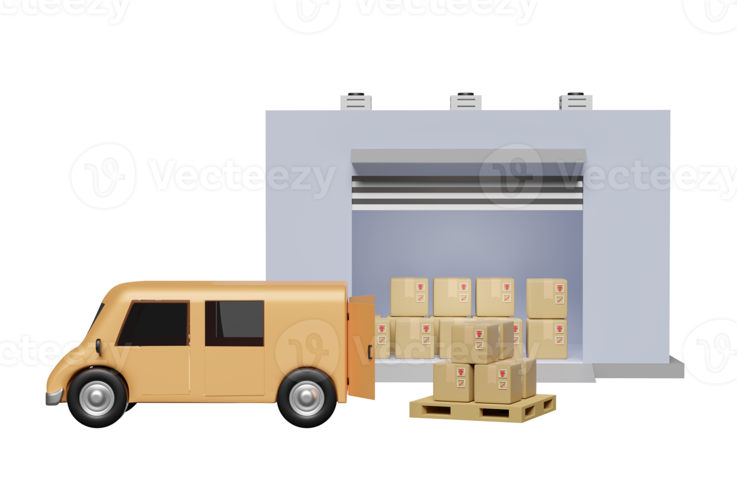 building warehouse 3d with truck, orange delivery van, goods cardboard box, pallet, truck isolated. logistic service concept, 3d render illustration png