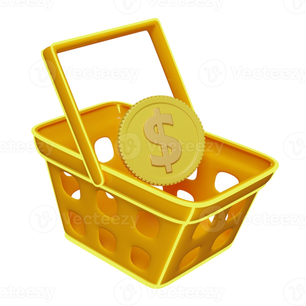 dollar money coins 3d with shopping cart, basket isolated. economic movements or business finance, saving money, financial business, banking payment concept, 3d render illustration png