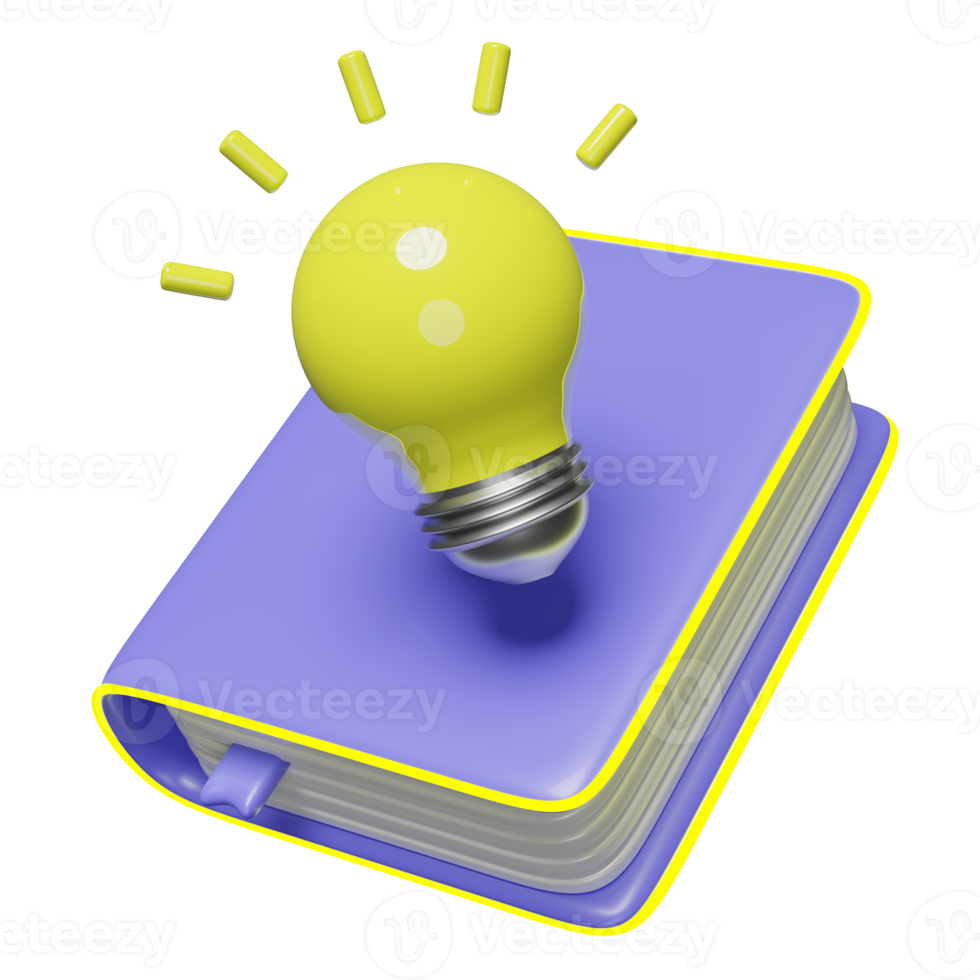 3d purple textbook, close book icon with yellow light bulb isolated. idea tip education, knowledge creates ideas concept, minimal abstract, 3d render illustration png