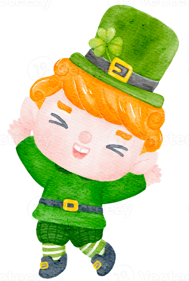 Cute happy smile leprechaun boy celebrating  St Patrick cartoon character watercolour png