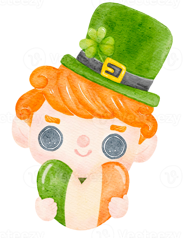 Cute happy smile leprechaun boy celebrating  St Patrick cartoon character watercolour png