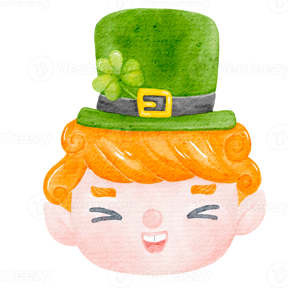 Cute happy smile leprechaun boy celebrating  St Patrick cartoon character watercolour png