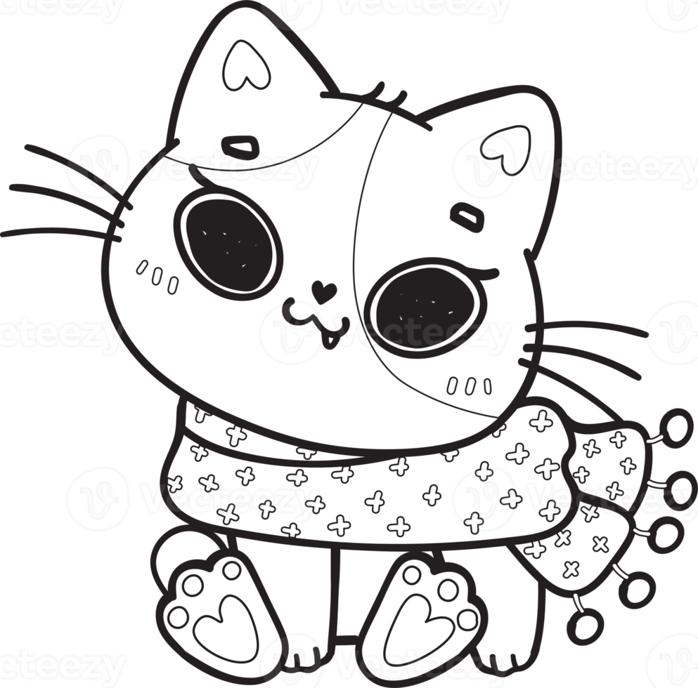 cute Christmas kitty cat in winter scarf and hat outline cartoon doodle hand drawn png