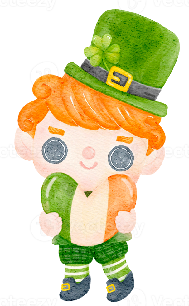 Cute happy smile leprechaun boy celebrating  St Patrick cartoon character watercolour png