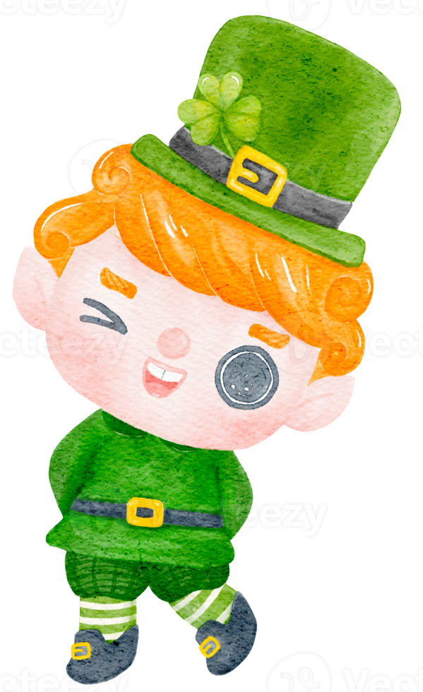 Cute happy smile leprechaun boy celebrating  St Patrick cartoon character watercolour png
