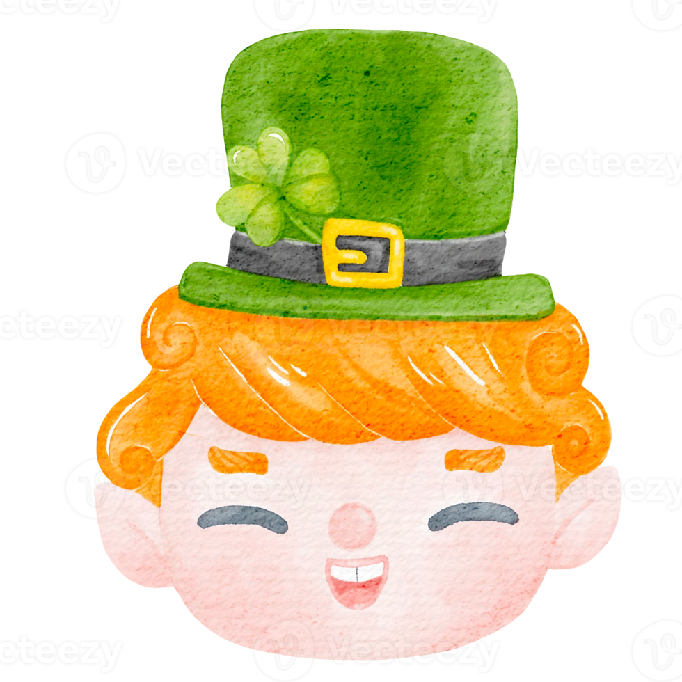 Cute happy smile leprechaun boy celebrating  St Patrick cartoon character watercolour png