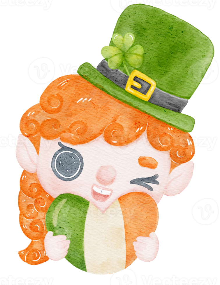 Cute happy smile leprechaun ginger hair girl celebrating  St Patrick cartoon character watercolour png