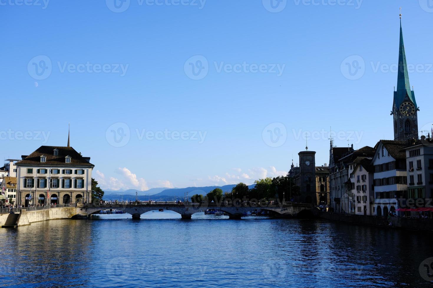 Scenery of Zurich at Limmat River where is a Famous Landmark of Switzerland. photo