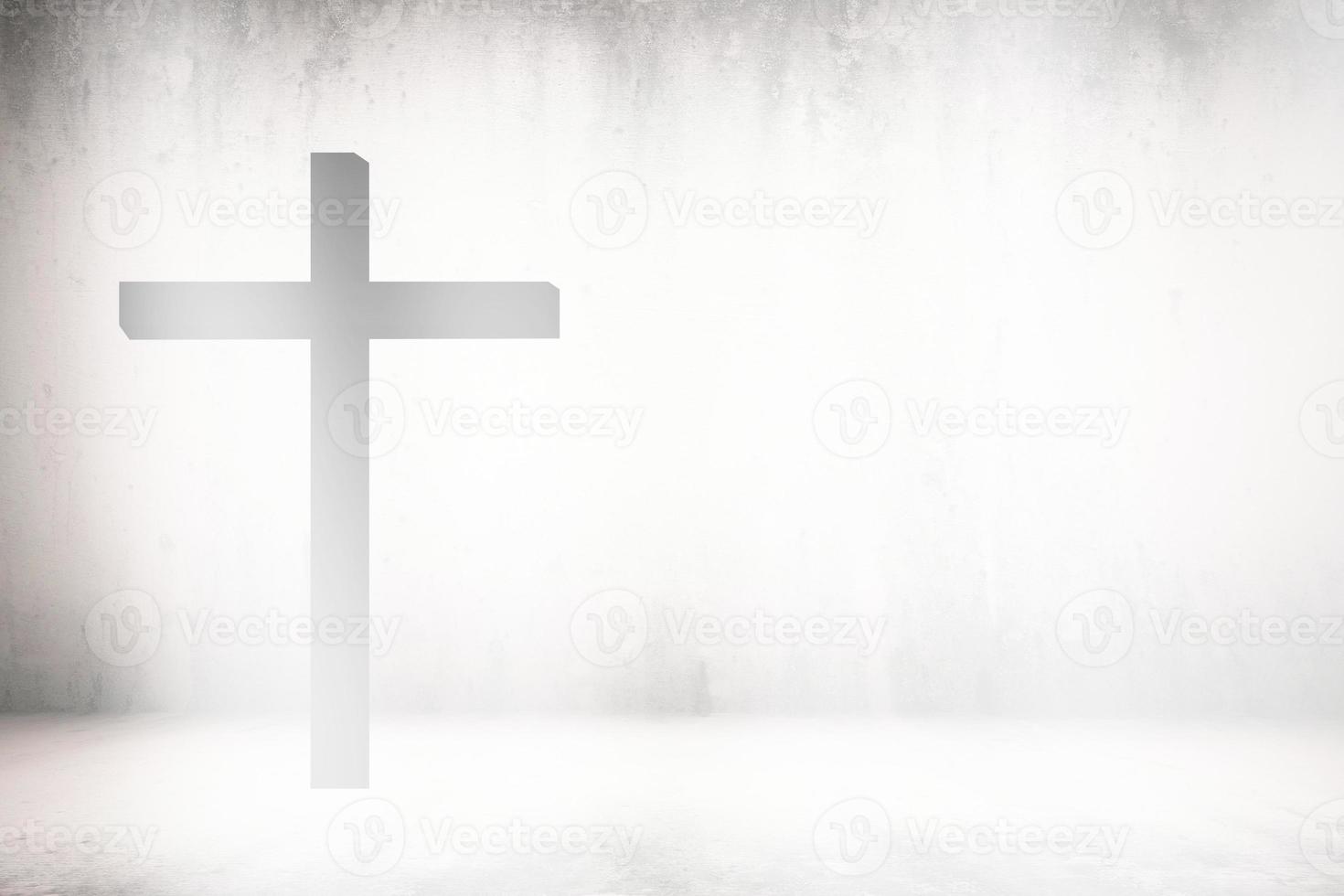 White Grunge Concrete Room Background with Light Leak on Christ Cross, Suitable for Christian Religion Concept. photo