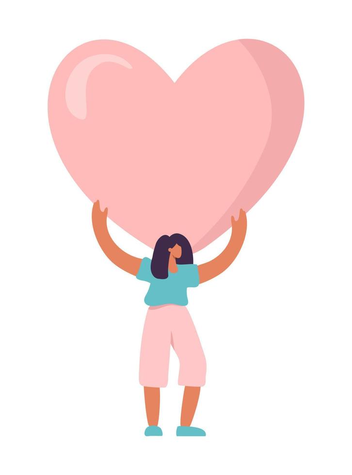 Tiny Woman stay with big heart flat vector illustration. Concept of romance people valentine day sharing love, charity. Assistance, help, support concept