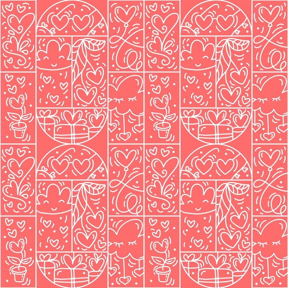 Valentines logo vector seamless pattern love, cloud, heart, glasses line and abstract on pink background. Hand drawn monoline constructor for romantic greeting card wedding