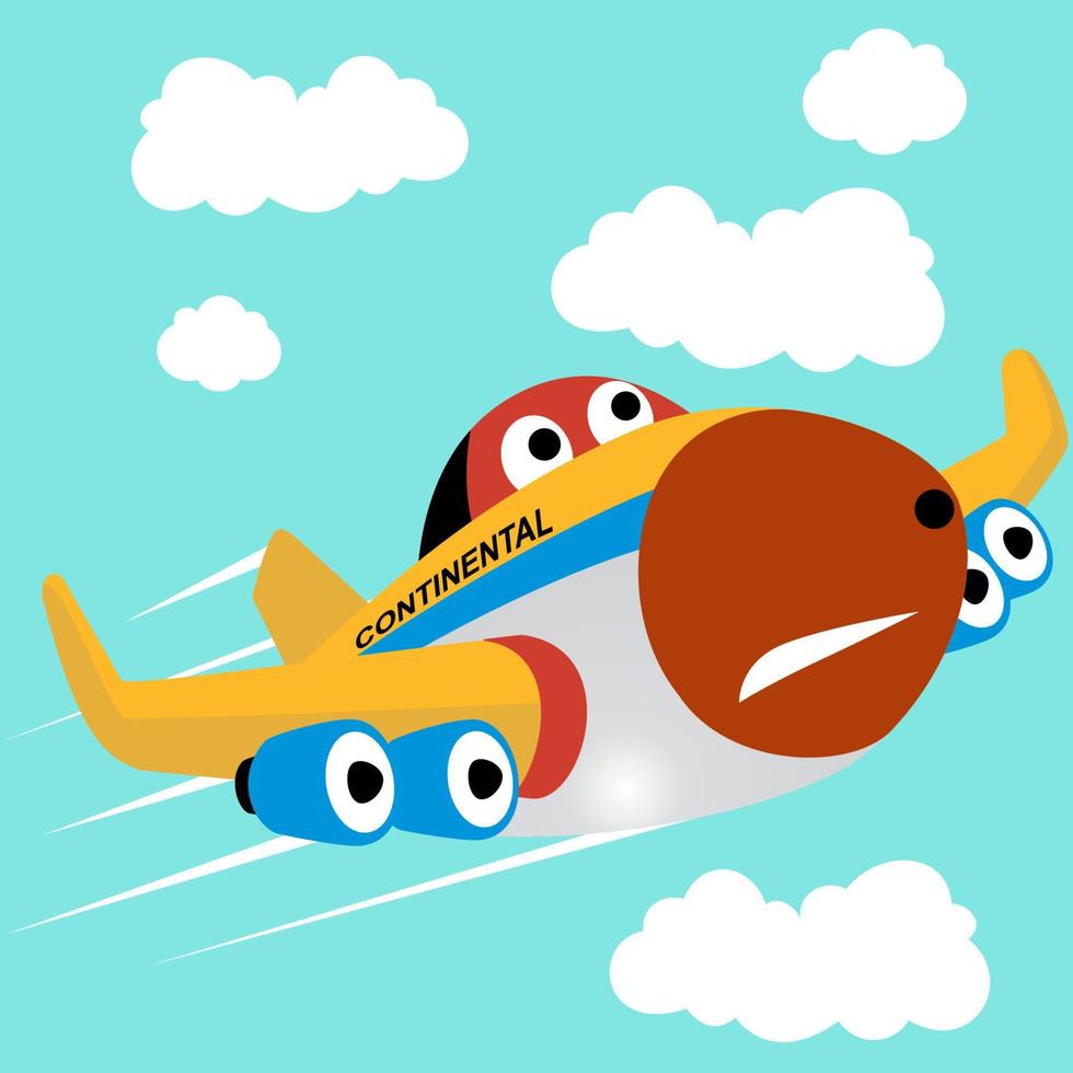 Funny airplane in the sky with clouds, vector cartoon illustration