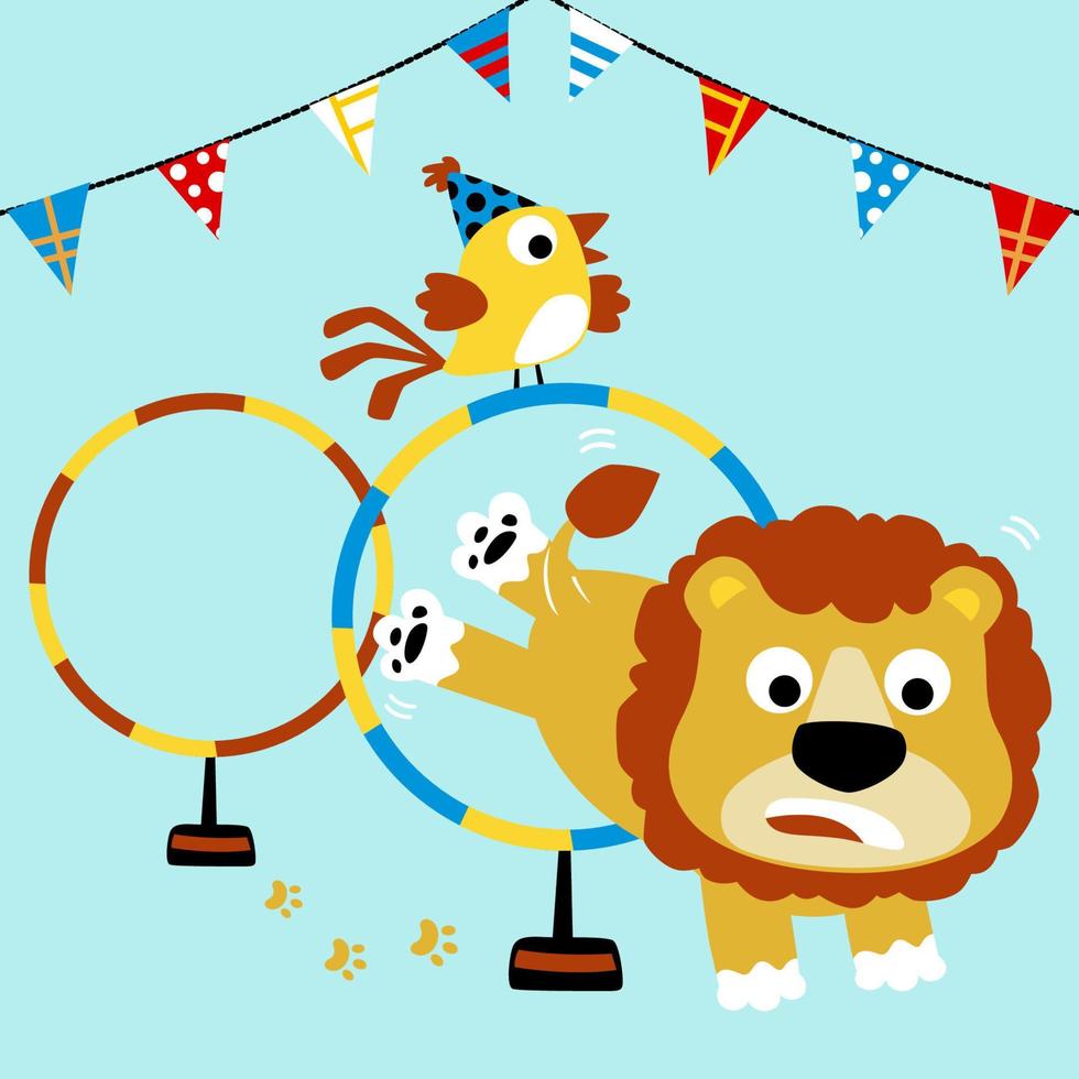 gracioso león con pequeño pájaro en circo espectáculo, vector dibujos animados ilustración