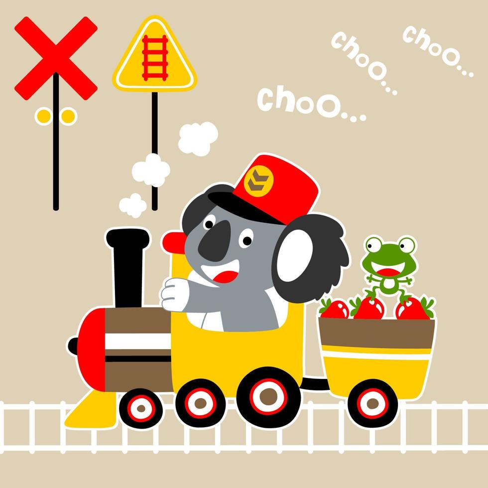 Funny koala and frog on steam train loading fruits, locomotive element, vector cartoon illustration