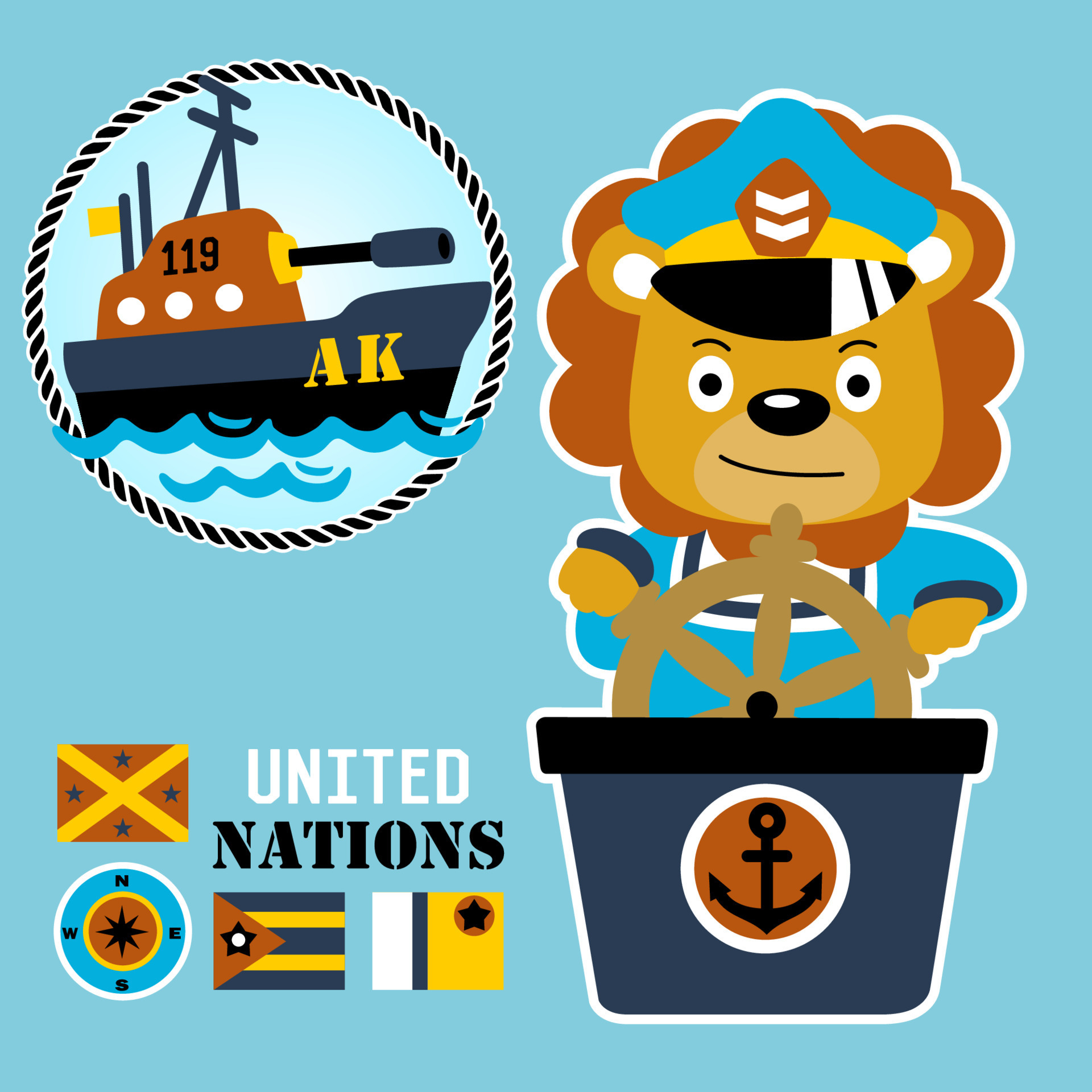 Funny lion holding steering wheel with warship and flags, vector cartoon  illustration 19795415 Vector Art at Vecteezy