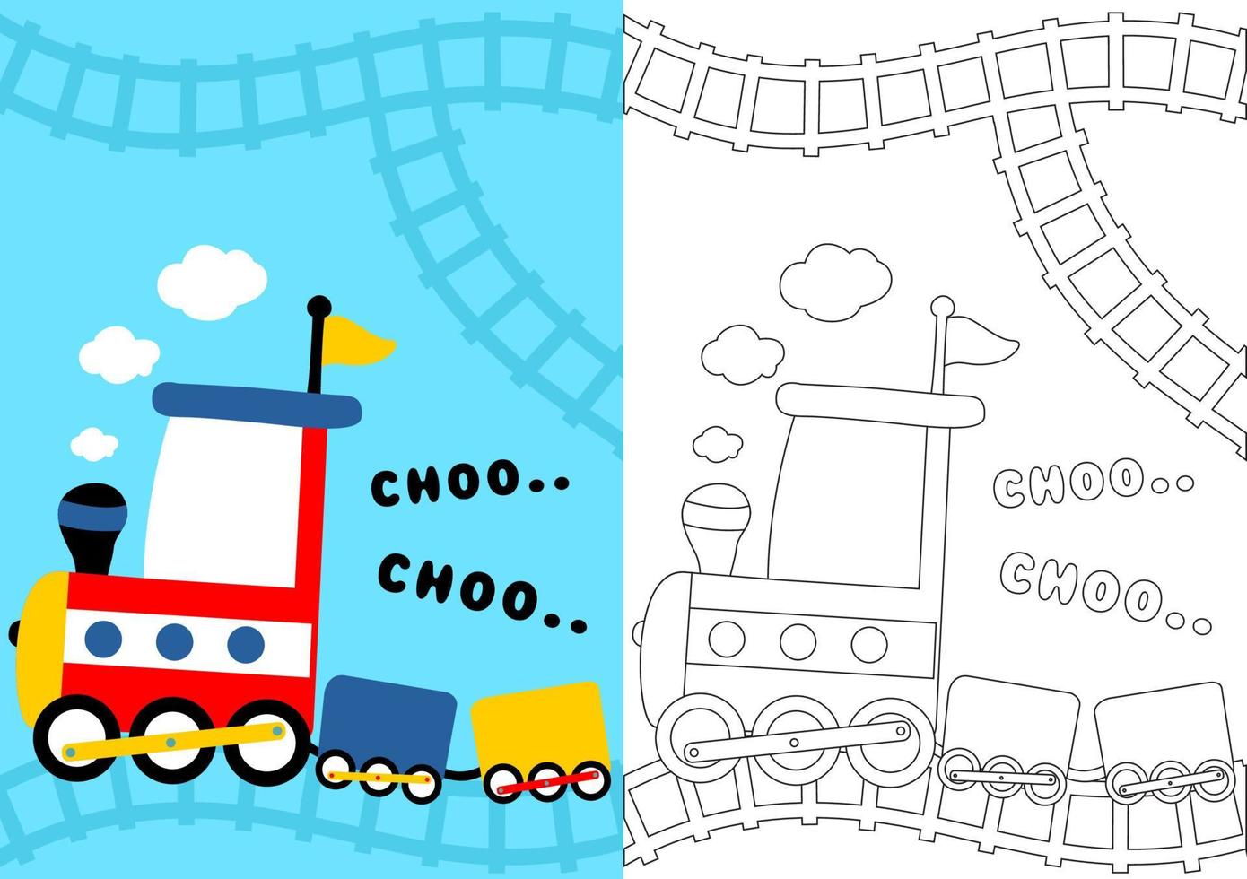 coloring page with steam train and railway, vector cartoon illustration