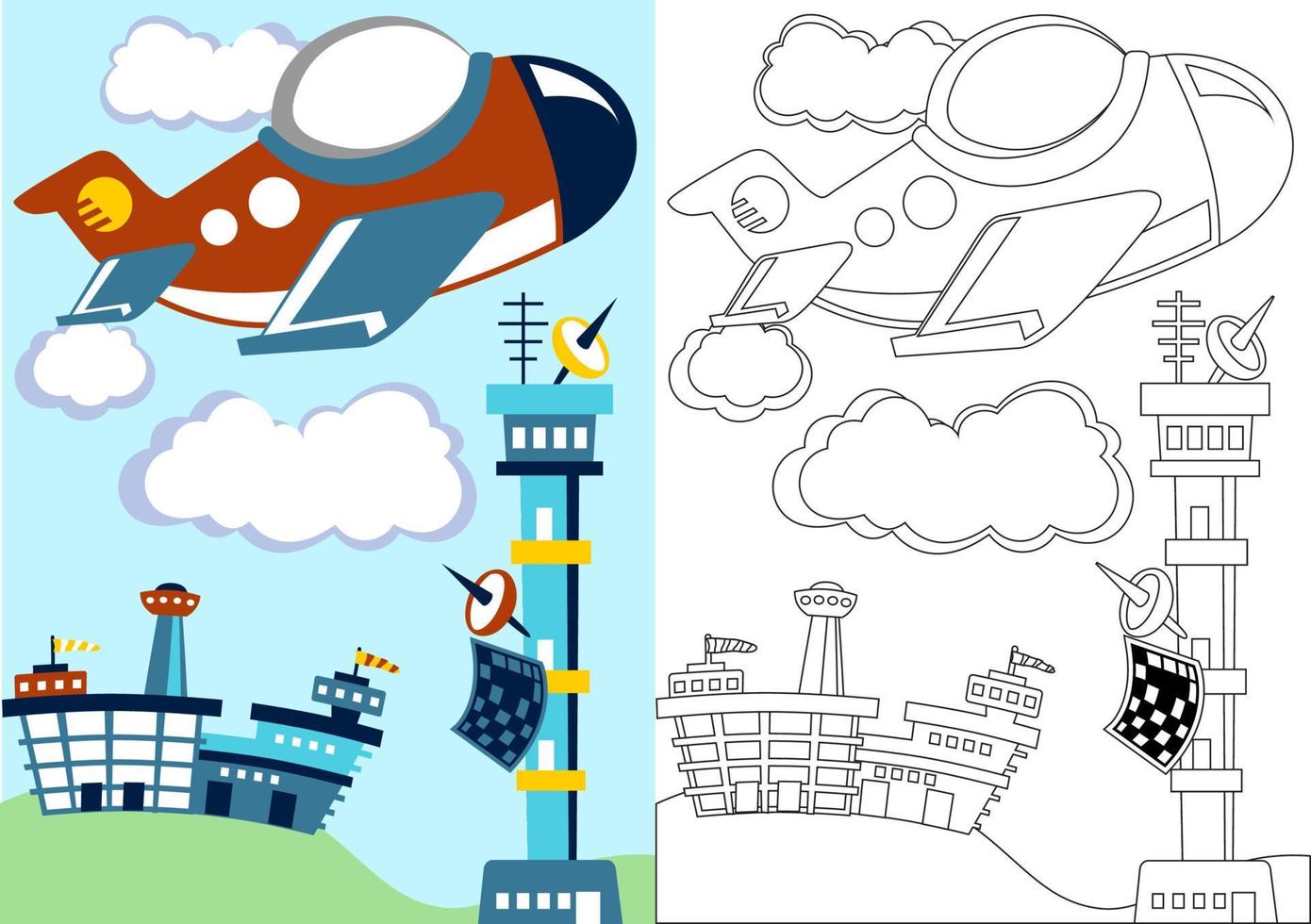 vector cartoon of airplane flying across airport, coloring page or book