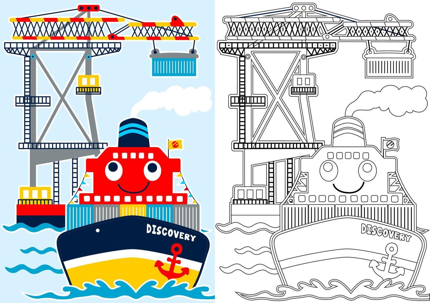 busy port with funny ship, vector cartoon illustration, coloring book or page