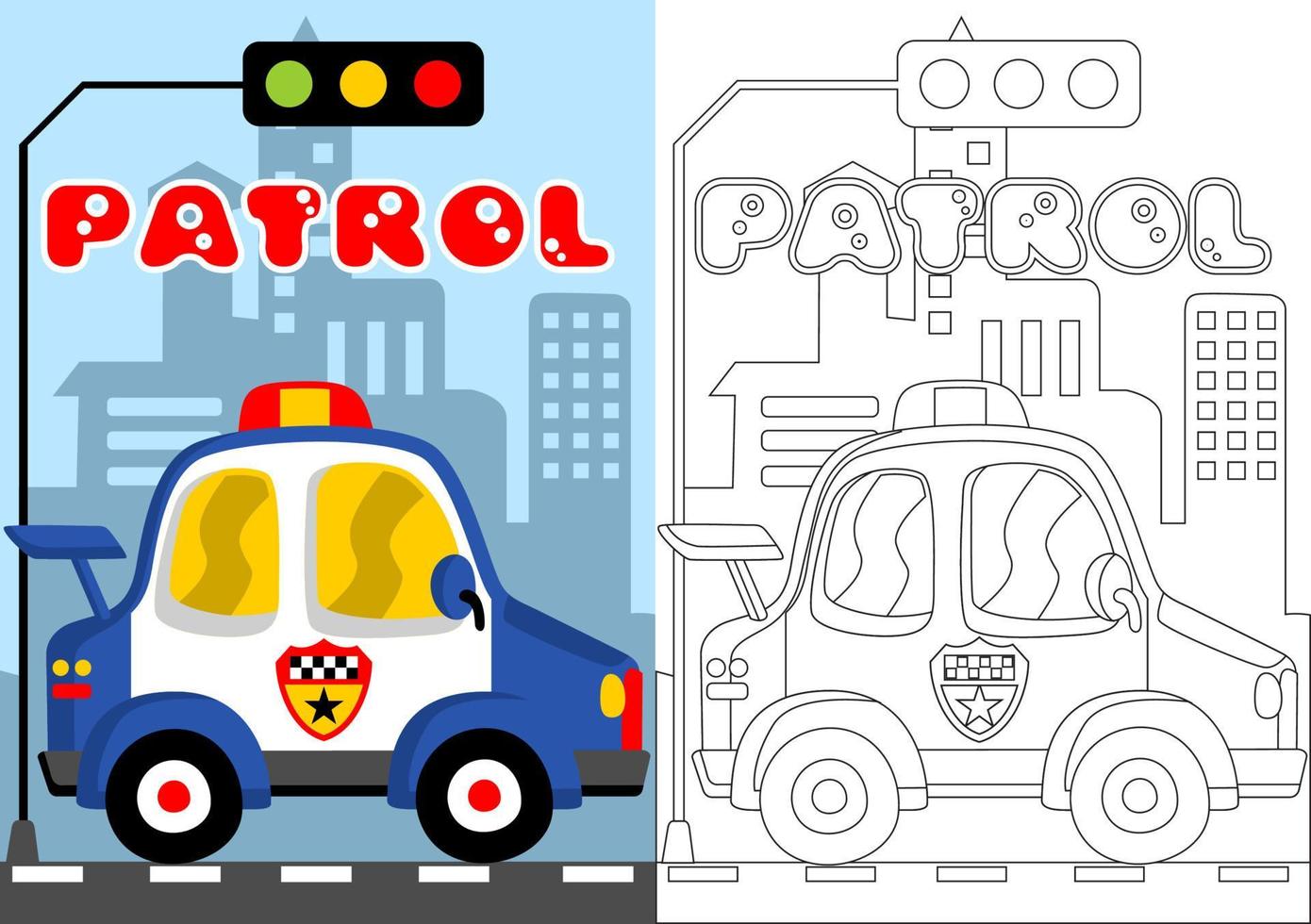 policía coche con detener ligero en edificios fondo, vector dibujos animados para colorante libro o página