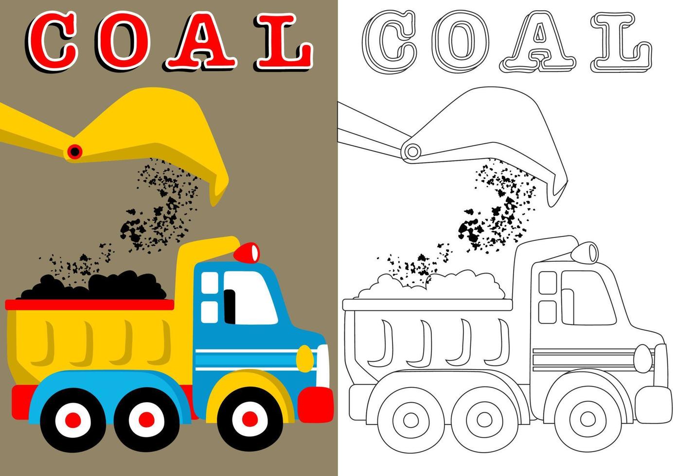 coloring book of page, dump truck with crane scoop machine, vector cartoon