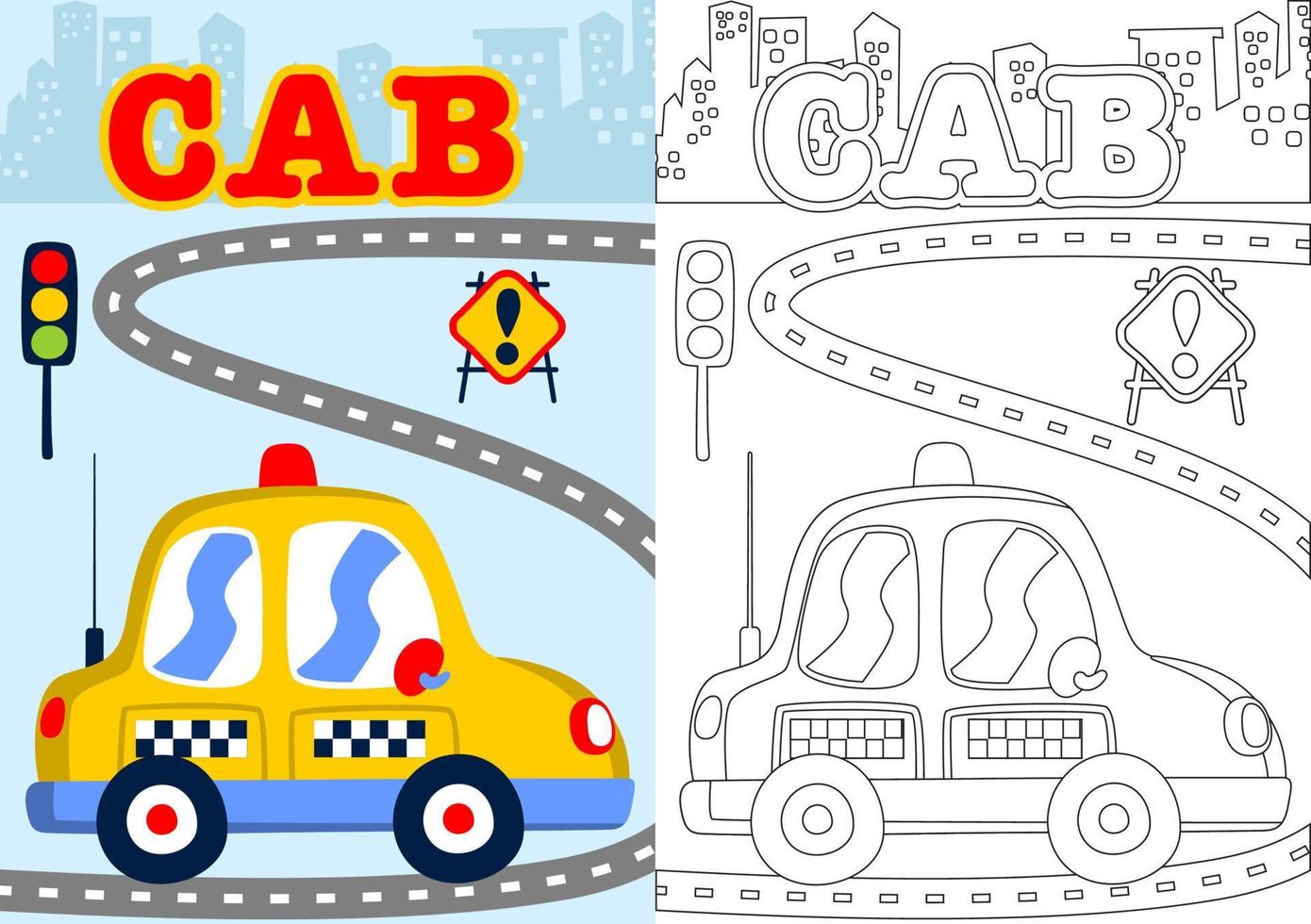 vector dibujos animados de amarillo Taxi en ciudad la carretera con tráfico señales, colorante página o libro