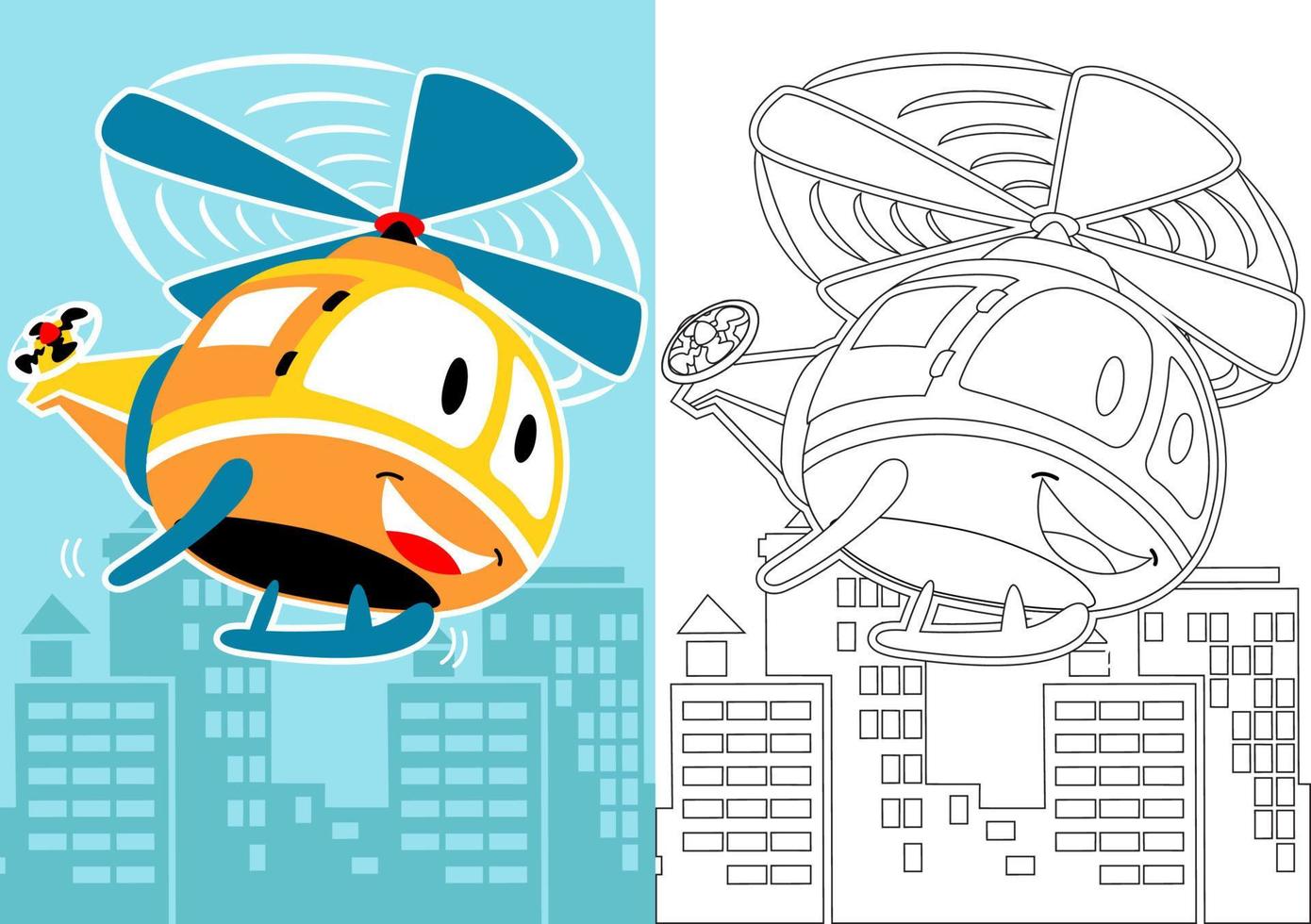 vector cartoon of helicopter on buildings background, coloring book or page
