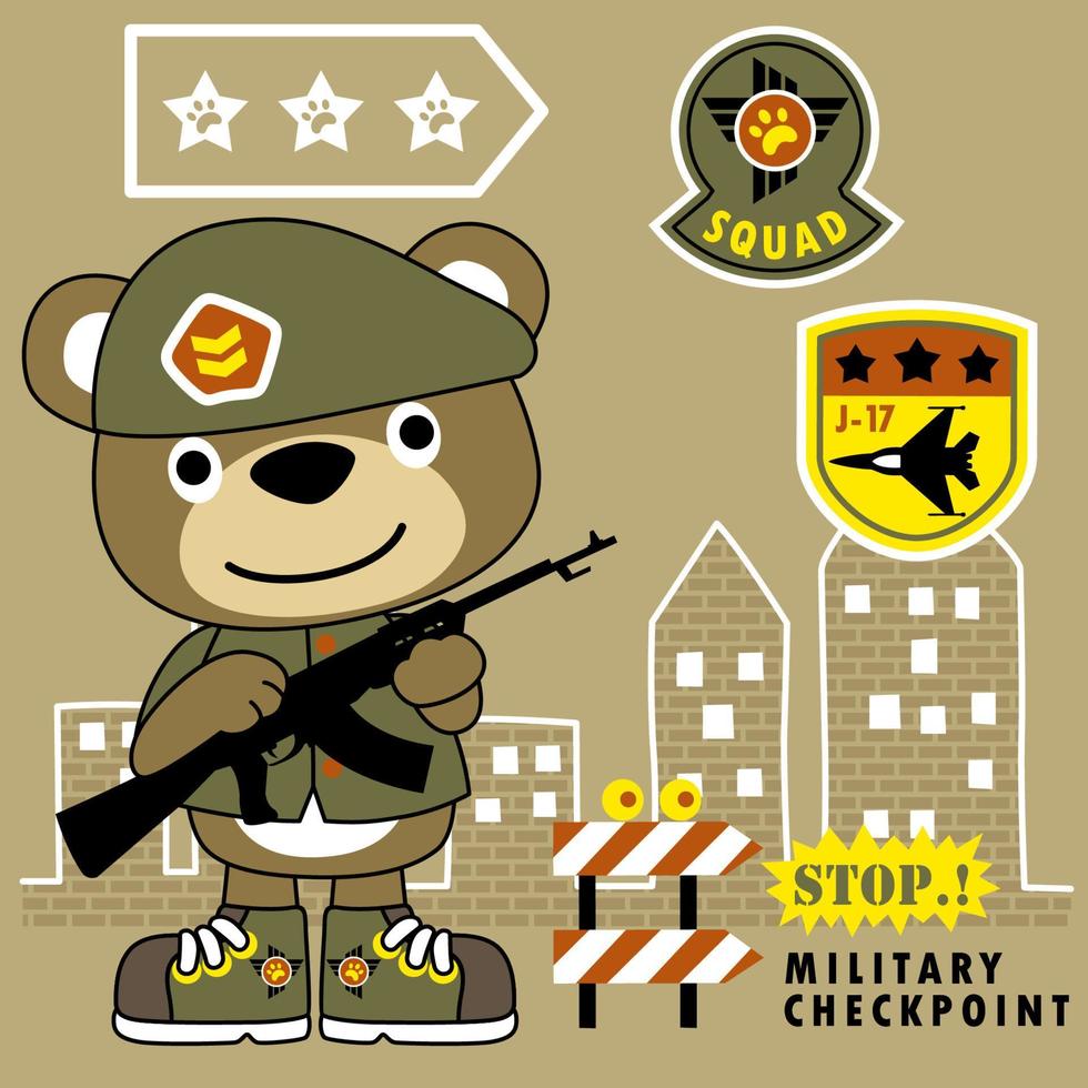 Cute bear in soldier costume holding weapon with military logo on buildings background, vector cartoon illustration